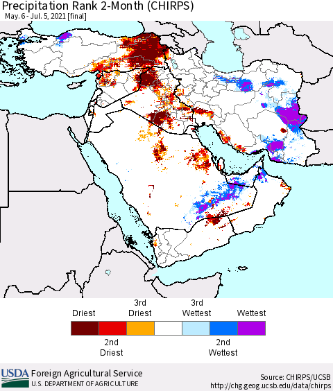 Middle East and Turkey Precipitation Rank since 1981, 2-Month (CHIRPS) Thematic Map For 5/6/2021 - 7/5/2021