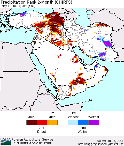 Middle East and Turkey Precipitation Rank since 1981, 2-Month (CHIRPS) Thematic Map For 5/11/2021 - 7/10/2021