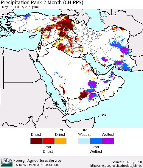 Middle East and Turkey Precipitation Rank since 1981, 2-Month (CHIRPS) Thematic Map For 5/16/2021 - 7/15/2021