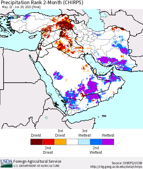 Middle East and Turkey Precipitation Rank since 1981, 2-Month (CHIRPS) Thematic Map For 5/21/2021 - 7/20/2021