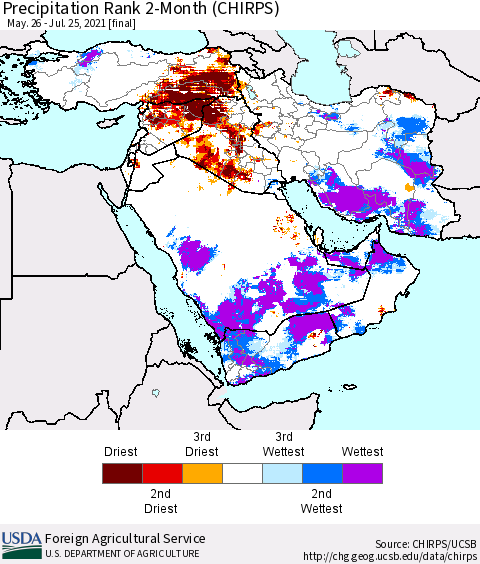 Middle East and Turkey Precipitation Rank since 1981, 2-Month (CHIRPS) Thematic Map For 5/26/2021 - 7/25/2021
