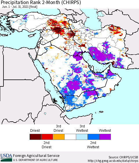 Middle East and Turkey Precipitation Rank since 1981, 2-Month (CHIRPS) Thematic Map For 6/1/2021 - 7/31/2021