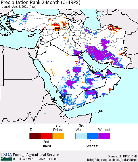 Middle East and Turkey Precipitation Rank since 1981, 2-Month (CHIRPS) Thematic Map For 6/6/2021 - 8/5/2021