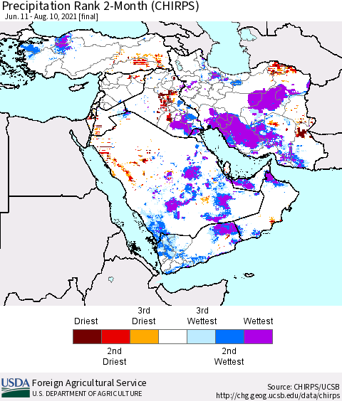 Middle East and Turkey Precipitation Rank since 1981, 2-Month (CHIRPS) Thematic Map For 6/11/2021 - 8/10/2021