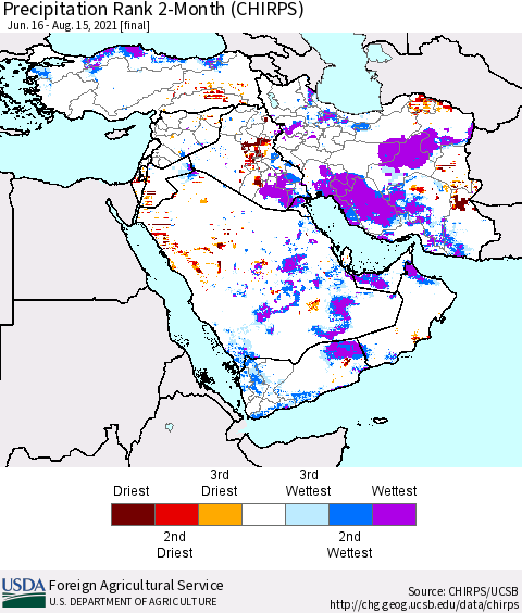 Middle East and Turkey Precipitation Rank since 1981, 2-Month (CHIRPS) Thematic Map For 6/16/2021 - 8/15/2021