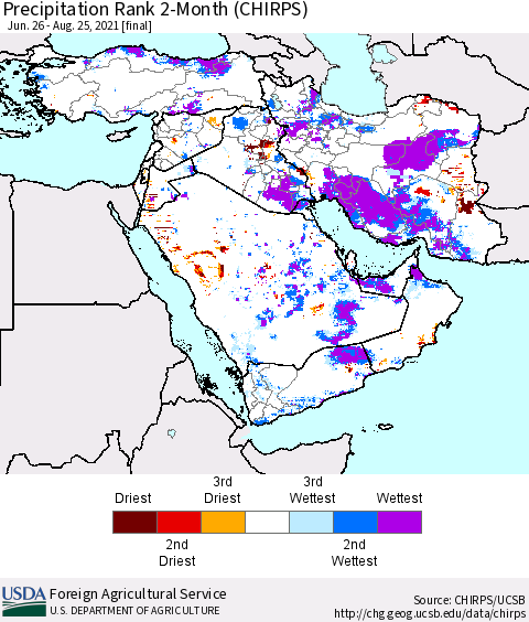 Middle East and Turkey Precipitation Rank since 1981, 2-Month (CHIRPS) Thematic Map For 6/26/2021 - 8/25/2021