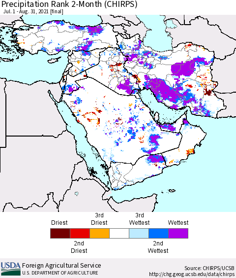 Middle East and Turkey Precipitation Rank since 1981, 2-Month (CHIRPS) Thematic Map For 7/1/2021 - 8/31/2021