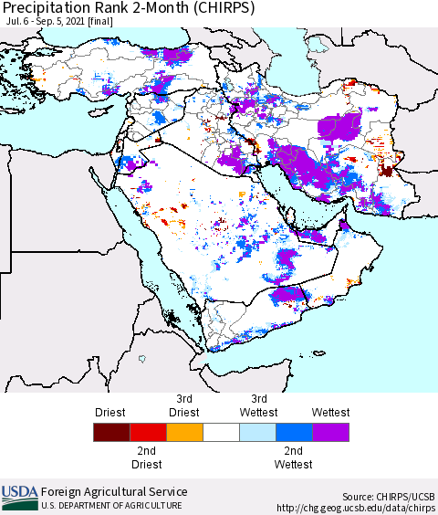 Middle East and Turkey Precipitation Rank since 1981, 2-Month (CHIRPS) Thematic Map For 7/6/2021 - 9/5/2021