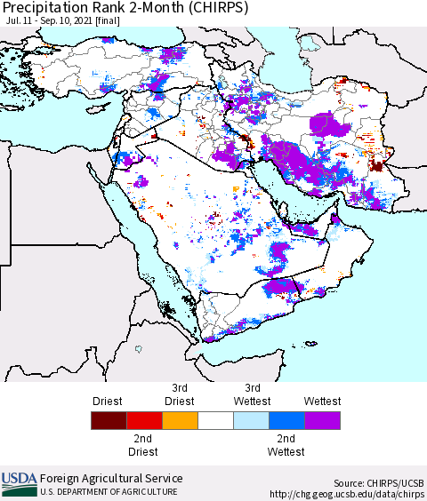Middle East and Turkey Precipitation Rank since 1981, 2-Month (CHIRPS) Thematic Map For 7/11/2021 - 9/10/2021