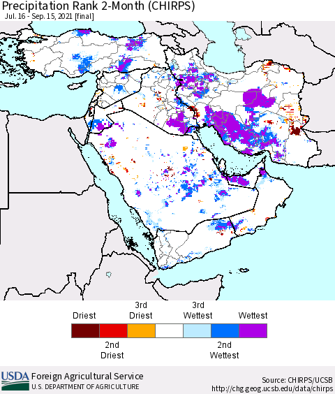 Middle East and Turkey Precipitation Rank since 1981, 2-Month (CHIRPS) Thematic Map For 7/16/2021 - 9/15/2021