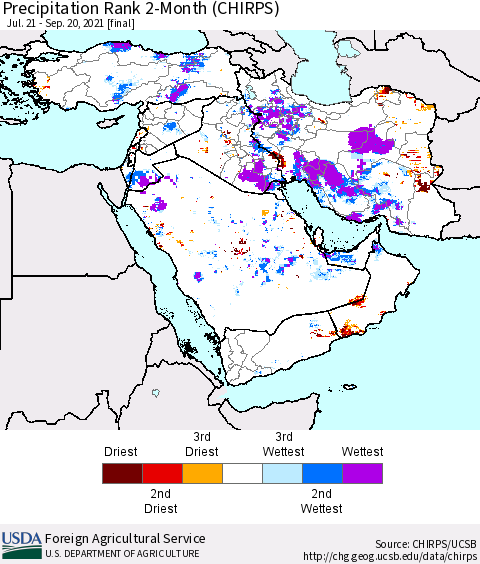 Middle East and Turkey Precipitation Rank since 1981, 2-Month (CHIRPS) Thematic Map For 7/21/2021 - 9/20/2021