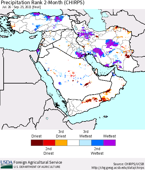 Middle East and Turkey Precipitation Rank since 1981, 2-Month (CHIRPS) Thematic Map For 7/26/2021 - 9/25/2021