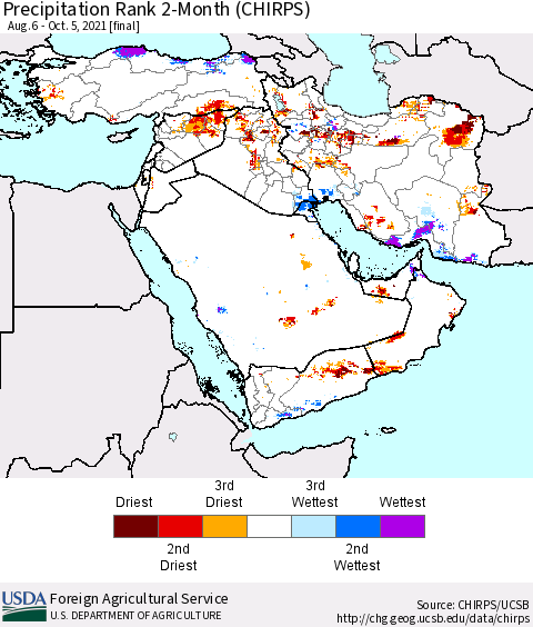 Middle East and Turkey Precipitation Rank since 1981, 2-Month (CHIRPS) Thematic Map For 8/6/2021 - 10/5/2021