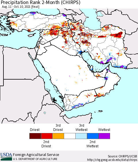 Middle East and Turkey Precipitation Rank since 1981, 2-Month (CHIRPS) Thematic Map For 8/11/2021 - 10/10/2021