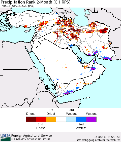 Middle East and Turkey Precipitation Rank since 1981, 2-Month (CHIRPS) Thematic Map For 8/16/2021 - 10/15/2021