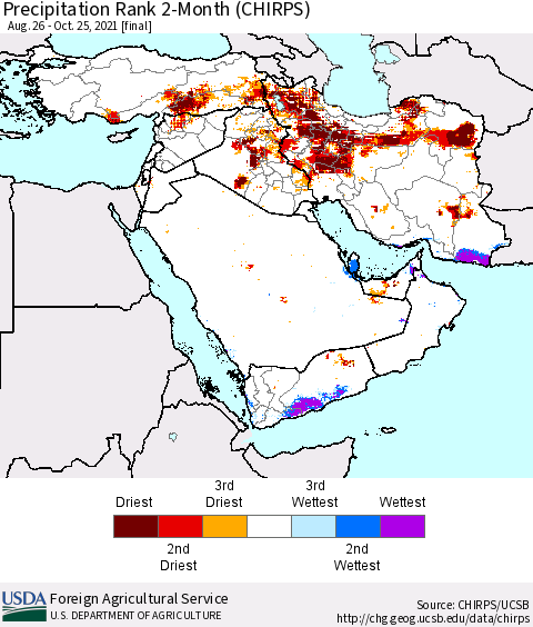 Middle East and Turkey Precipitation Rank since 1981, 2-Month (CHIRPS) Thematic Map For 8/26/2021 - 10/25/2021