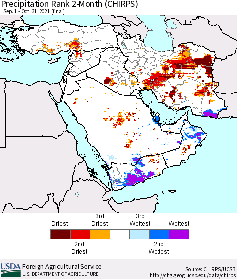 Middle East and Turkey Precipitation Rank since 1981, 2-Month (CHIRPS) Thematic Map For 9/1/2021 - 10/31/2021