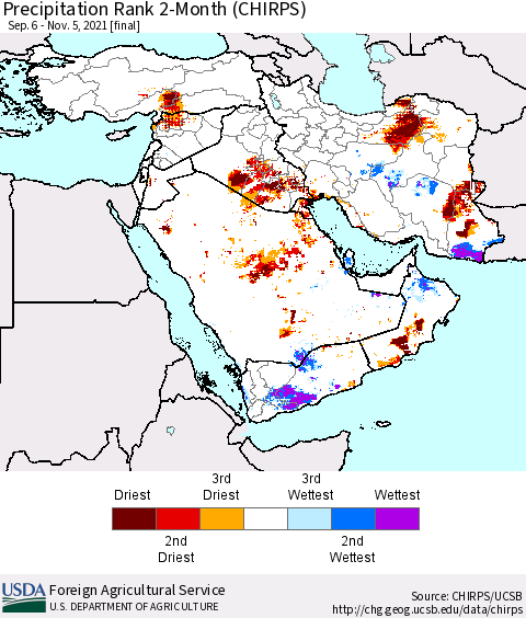 Middle East and Turkey Precipitation Rank since 1981, 2-Month (CHIRPS) Thematic Map For 9/6/2021 - 11/5/2021