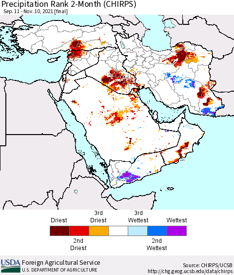 Middle East and Turkey Precipitation Rank since 1981, 2-Month (CHIRPS) Thematic Map For 9/11/2021 - 11/10/2021