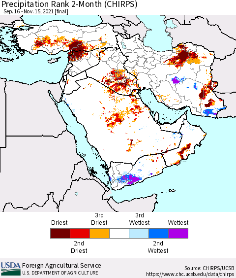 Middle East and Turkey Precipitation Rank since 1981, 2-Month (CHIRPS) Thematic Map For 9/16/2021 - 11/15/2021