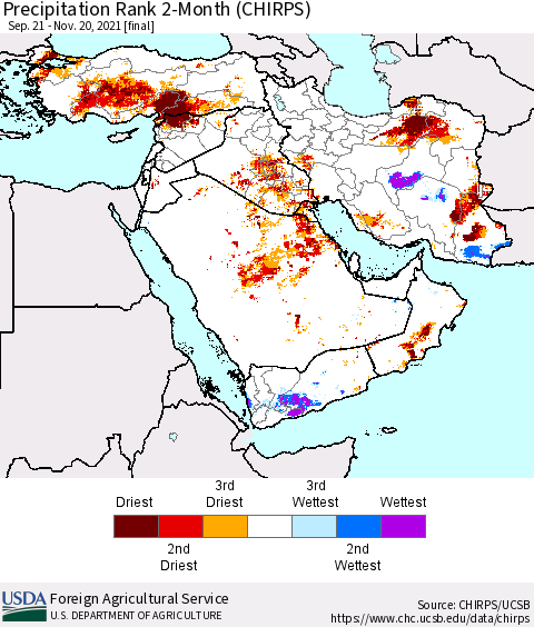Middle East and Turkey Precipitation Rank since 1981, 2-Month (CHIRPS) Thematic Map For 9/21/2021 - 11/20/2021