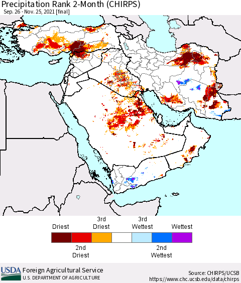 Middle East and Turkey Precipitation Rank since 1981, 2-Month (CHIRPS) Thematic Map For 9/26/2021 - 11/25/2021