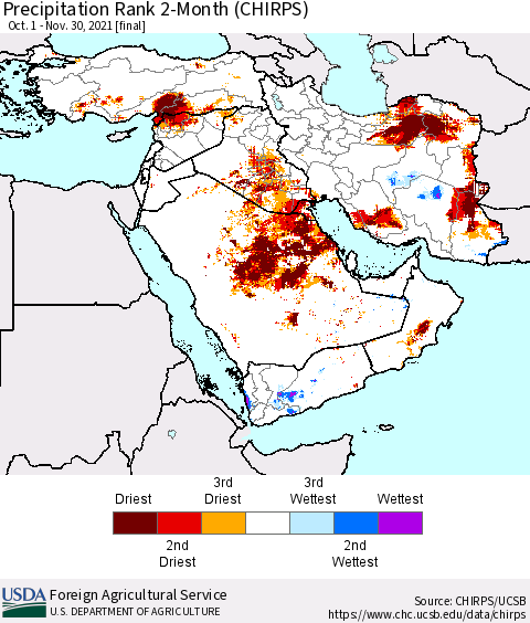 Middle East and Turkey Precipitation Rank since 1981, 2-Month (CHIRPS) Thematic Map For 10/1/2021 - 11/30/2021