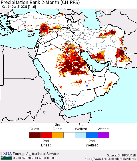 Middle East and Turkey Precipitation Rank since 1981, 2-Month (CHIRPS) Thematic Map For 10/6/2021 - 12/5/2021