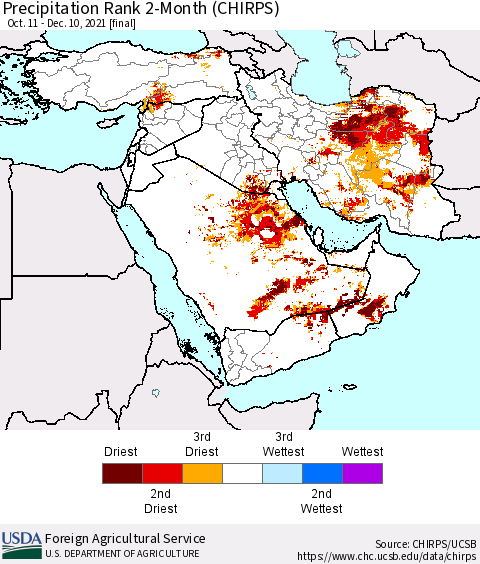 Middle East and Turkey Precipitation Rank since 1981, 2-Month (CHIRPS) Thematic Map For 10/11/2021 - 12/10/2021
