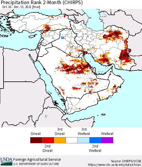 Middle East and Turkey Precipitation Rank since 1981, 2-Month (CHIRPS) Thematic Map For 10/16/2021 - 12/15/2021