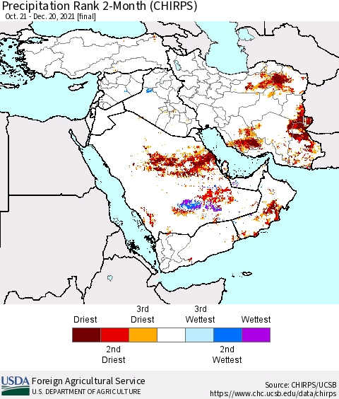Middle East and Turkey Precipitation Rank since 1981, 2-Month (CHIRPS) Thematic Map For 10/21/2021 - 12/20/2021