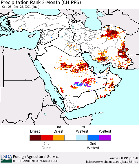 Middle East and Turkey Precipitation Rank since 1981, 2-Month (CHIRPS) Thematic Map For 10/26/2021 - 12/25/2021