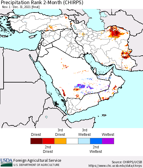 Middle East and Turkey Precipitation Rank since 1981, 2-Month (CHIRPS) Thematic Map For 11/1/2021 - 12/31/2021