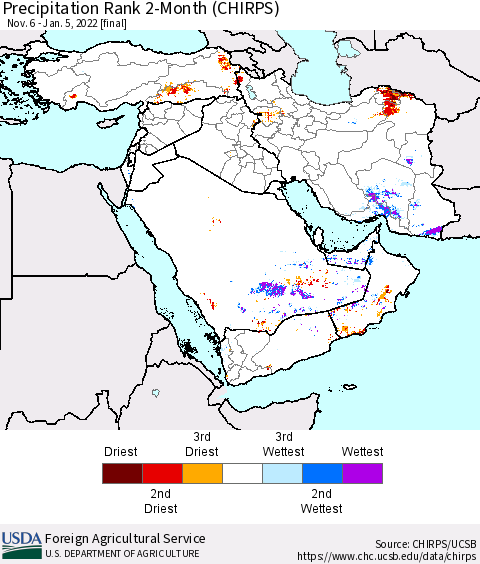 Middle East and Turkey Precipitation Rank since 1981, 2-Month (CHIRPS) Thematic Map For 11/6/2021 - 1/5/2022