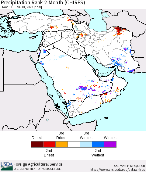 Middle East and Turkey Precipitation Rank since 1981, 2-Month (CHIRPS) Thematic Map For 11/11/2021 - 1/10/2022