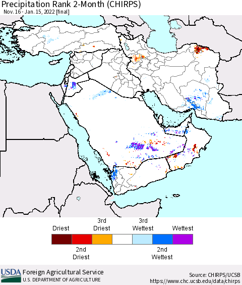Middle East and Turkey Precipitation Rank since 1981, 2-Month (CHIRPS) Thematic Map For 11/16/2021 - 1/15/2022