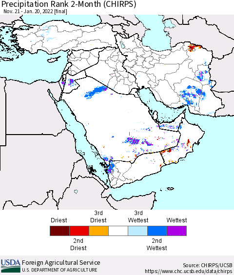 Middle East and Turkey Precipitation Rank since 1981, 2-Month (CHIRPS) Thematic Map For 11/21/2021 - 1/20/2022