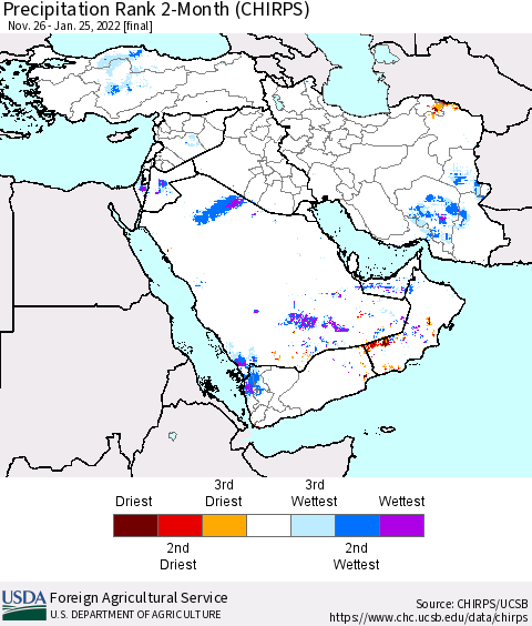 Middle East and Turkey Precipitation Rank since 1981, 2-Month (CHIRPS) Thematic Map For 11/26/2021 - 1/25/2022