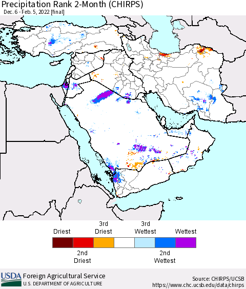 Middle East and Turkey Precipitation Rank since 1981, 2-Month (CHIRPS) Thematic Map For 12/6/2021 - 2/5/2022