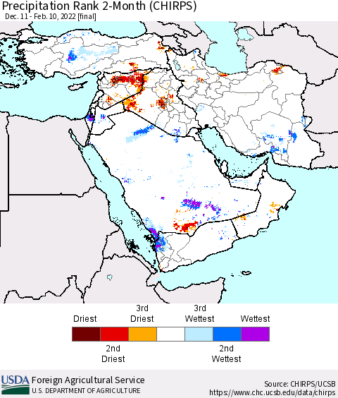 Middle East and Turkey Precipitation Rank since 1981, 2-Month (CHIRPS) Thematic Map For 12/11/2021 - 2/10/2022