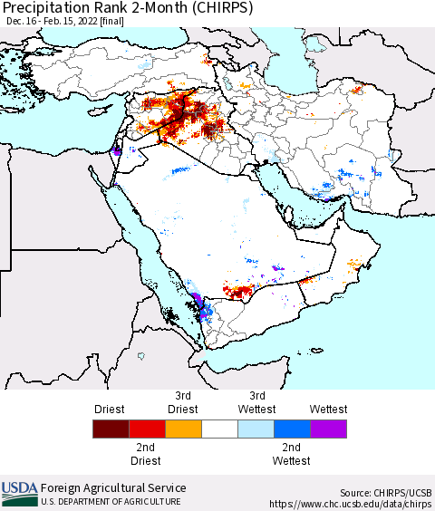 Middle East and Turkey Precipitation Rank since 1981, 2-Month (CHIRPS) Thematic Map For 12/16/2021 - 2/15/2022