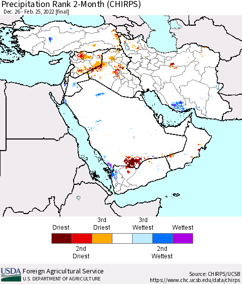 Middle East and Turkey Precipitation Rank since 1981, 2-Month (CHIRPS) Thematic Map For 12/26/2021 - 2/25/2022