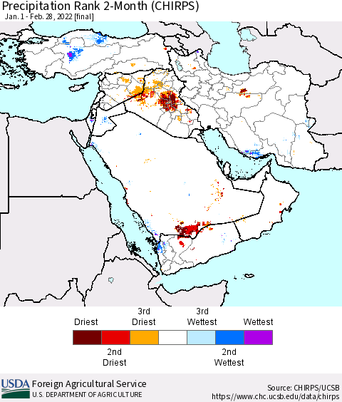 Middle East and Turkey Precipitation Rank since 1981, 2-Month (CHIRPS) Thematic Map For 1/1/2022 - 2/28/2022