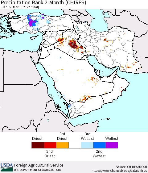 Middle East and Turkey Precipitation Rank since 1981, 2-Month (CHIRPS) Thematic Map For 1/6/2022 - 3/5/2022
