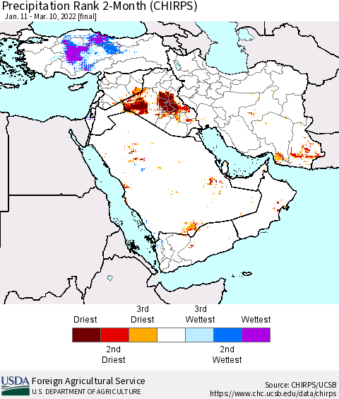 Middle East and Turkey Precipitation Rank since 1981, 2-Month (CHIRPS) Thematic Map For 1/11/2022 - 3/10/2022