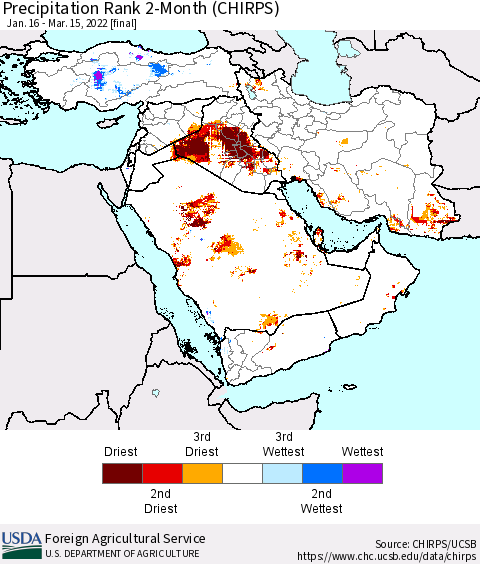 Middle East and Turkey Precipitation Rank since 1981, 2-Month (CHIRPS) Thematic Map For 1/16/2022 - 3/15/2022