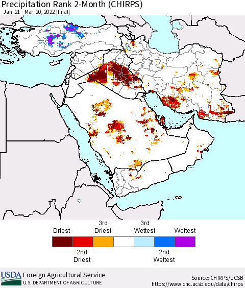 Middle East and Turkey Precipitation Rank since 1981, 2-Month (CHIRPS) Thematic Map For 1/21/2022 - 3/20/2022