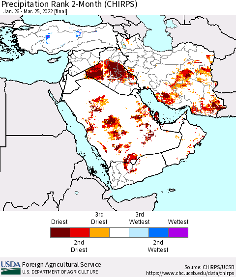 Middle East and Turkey Precipitation Rank since 1981, 2-Month (CHIRPS) Thematic Map For 1/26/2022 - 3/25/2022