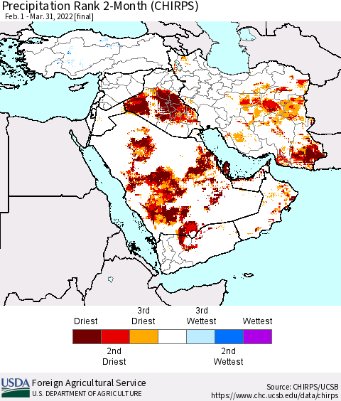 Middle East and Turkey Precipitation Rank since 1981, 2-Month (CHIRPS) Thematic Map For 2/1/2022 - 3/31/2022