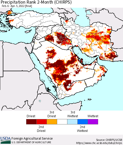 Middle East and Turkey Precipitation Rank since 1981, 2-Month (CHIRPS) Thematic Map For 2/6/2022 - 4/5/2022
